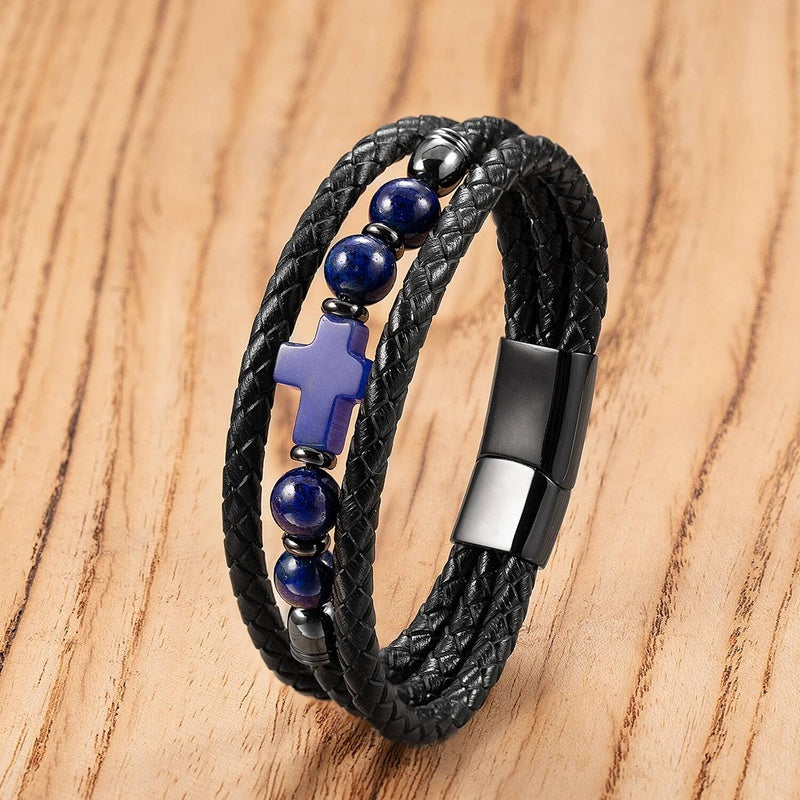 Black Braided Leather Bracelet with Green Jade Beads - Stylish Multi-Layer Magnetic Clasp Jewelry for Casual Wear and Gifts Style-H