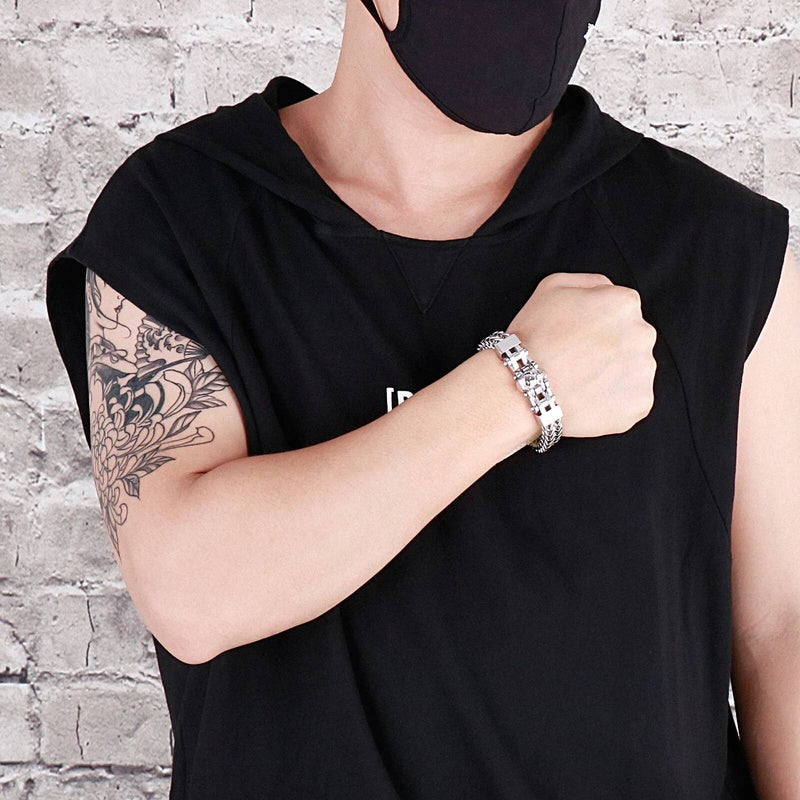 12mm Mens Biker Skull Bracelet With Mesh Chain Stainless Steel Trendy Punk Jewelry