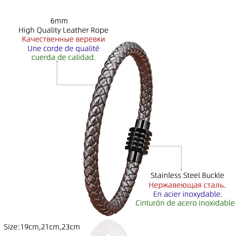 Simple Champagne Color Weave Leather Men Industrial Wind Stainless Steel Buckle Bracelet for Women High Quality Jewelry