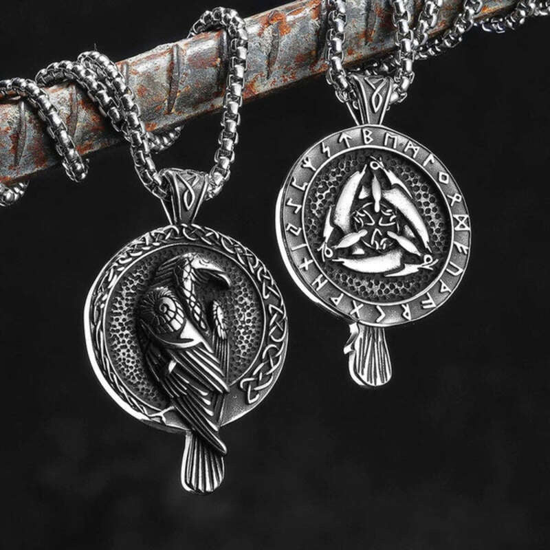 316L Stainless Steel Viking Raven Rune Pendant Necklace – Norse Amulet for Men