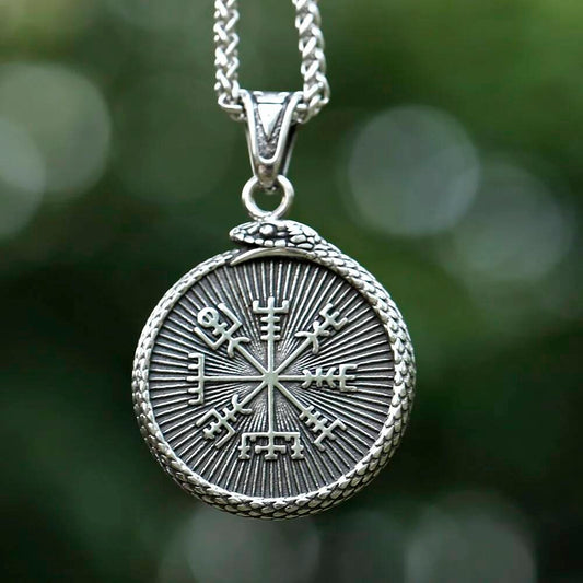 Viking Ouroboros Pendant – 316L Stainless Steel Snake and Rune Necklace