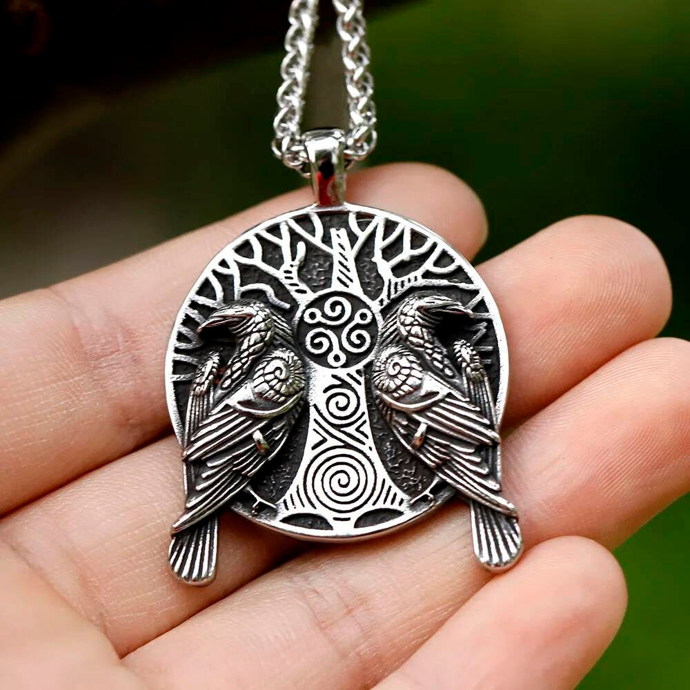 Tree of Life and Ravens Pendant Necklace, Silver Celtic Jewelry with Nature and Mythological Symbolism
