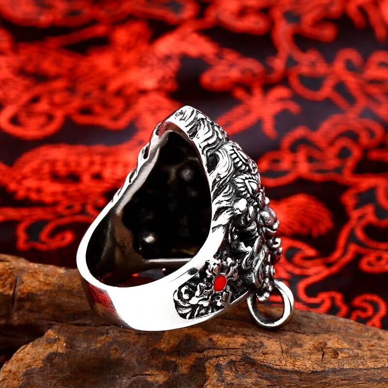 Tibetan Guardian Deity Ring – Stainless Steel Warrior Mask Jewelry