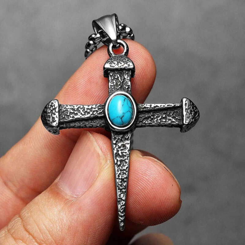 316L Stainless Steel Nail Cross Pendant Necklace – Skull & Turquoise Gothic Design