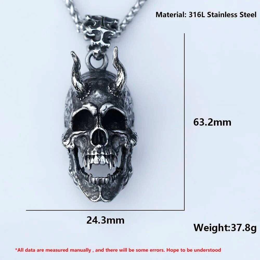 Demon Skull Pendant – Silver Gothic Skull with Horns Necklace