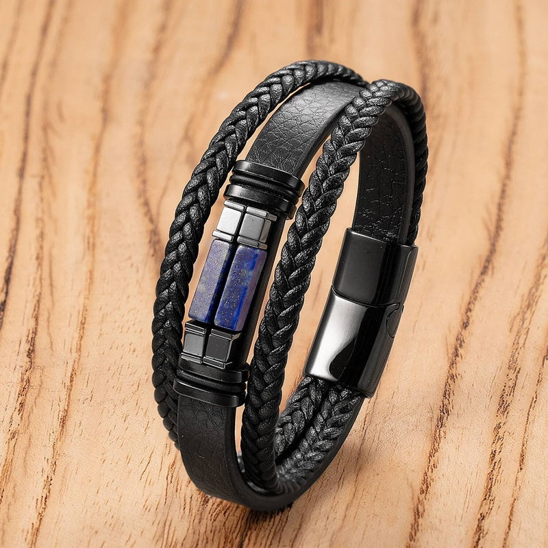 Black Braided Leather Bracelet with Green Jade Beads - Stylish Multi-Layer Magnetic Clasp Jewelry for Casual Wear and Gifts Style-B