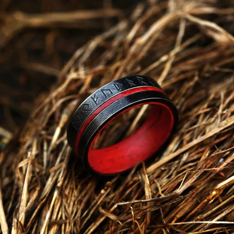 316L Stainless Steel Norse Rune Ring Red Vintage Viking Band