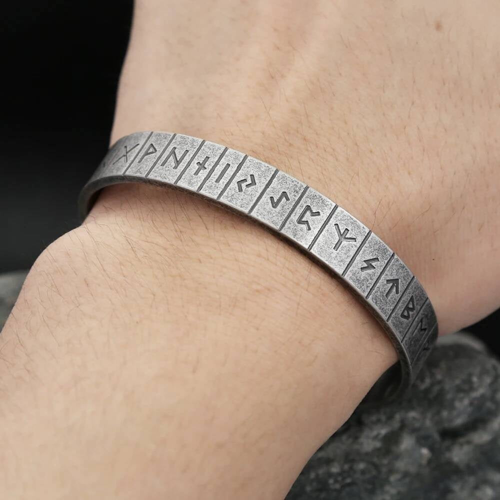Norse Rune Bracelet – Elder Futhark Viking Stainless Steel Cuff Bangle