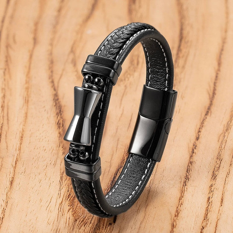 Black Braided Leather Bracelet with Green Jade Beads - Stylish Multi-Layer Magnetic Clasp Jewelry for Casual Wear and Gifts Black-B