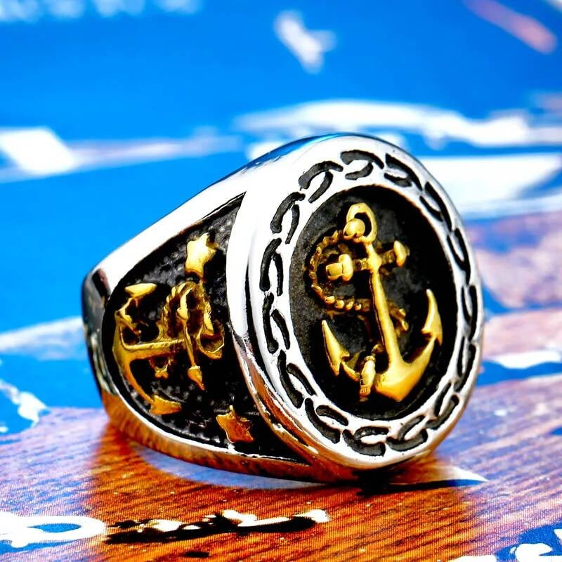 Viking Anchor Ring – 316L Stainless Steel Pirate & Mariner Symbol Band green