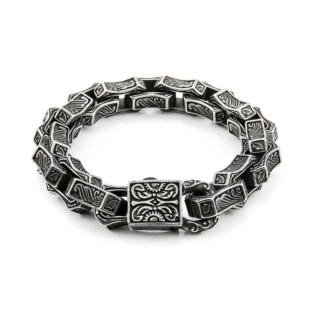 Men’s Gothic Chain Bracelet – 316L Stainless Steel Vintage Carved Link Wristband, Heavy Duty Punk Biker Jewelry Style B