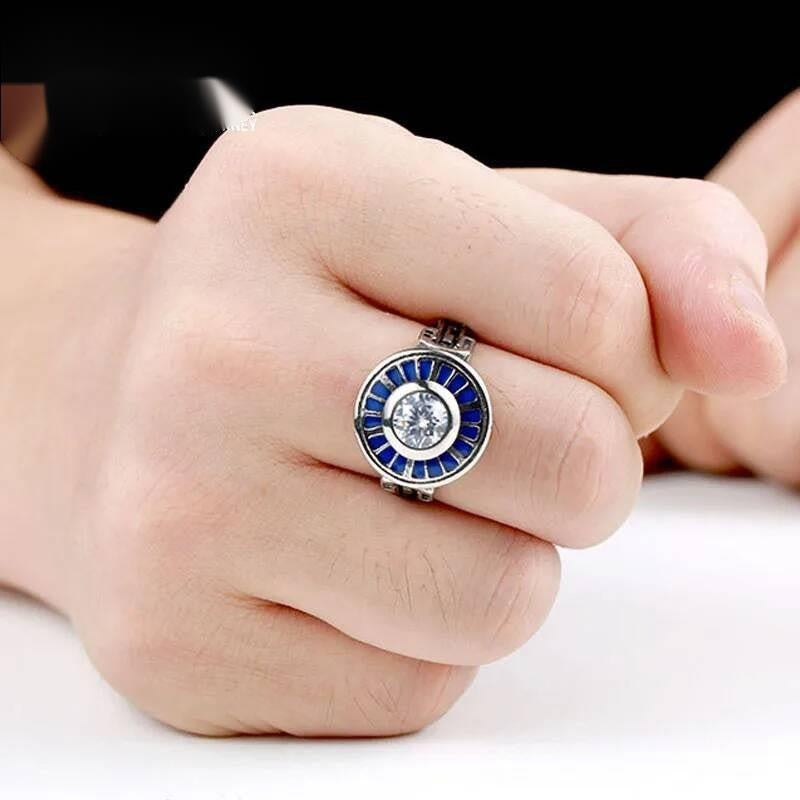 Futuristic Sci-Fi Ring – Stainless Steel Blue Enamel Cosmic Core Jewelry