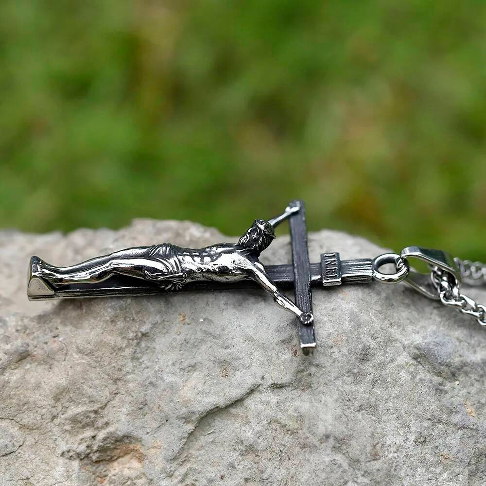 Men's 316L Stainless Steel Jesus Cross Pendant Necklace Religious Punk Jewelry