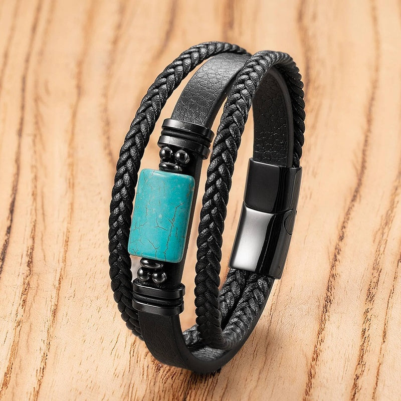 Black Braided Leather Bracelet with Green Jade Beads - Stylish Multi-Layer Magnetic Clasp Jewelry for Casual Wear and Gifts Style-H
