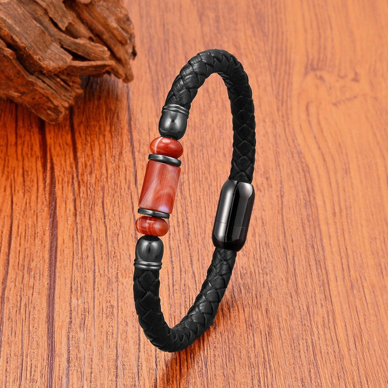 Black Braided Leather Bracelet with Green Jade Beads - Stylish Multi-Layer Magnetic Clasp Jewelry for Casual Wear and Gifts Agate Stone