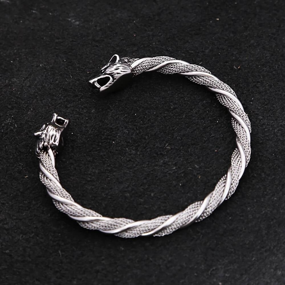 Wolf Head Stainless Steel Bangle – Viking Norse Open Cuff Bracelet