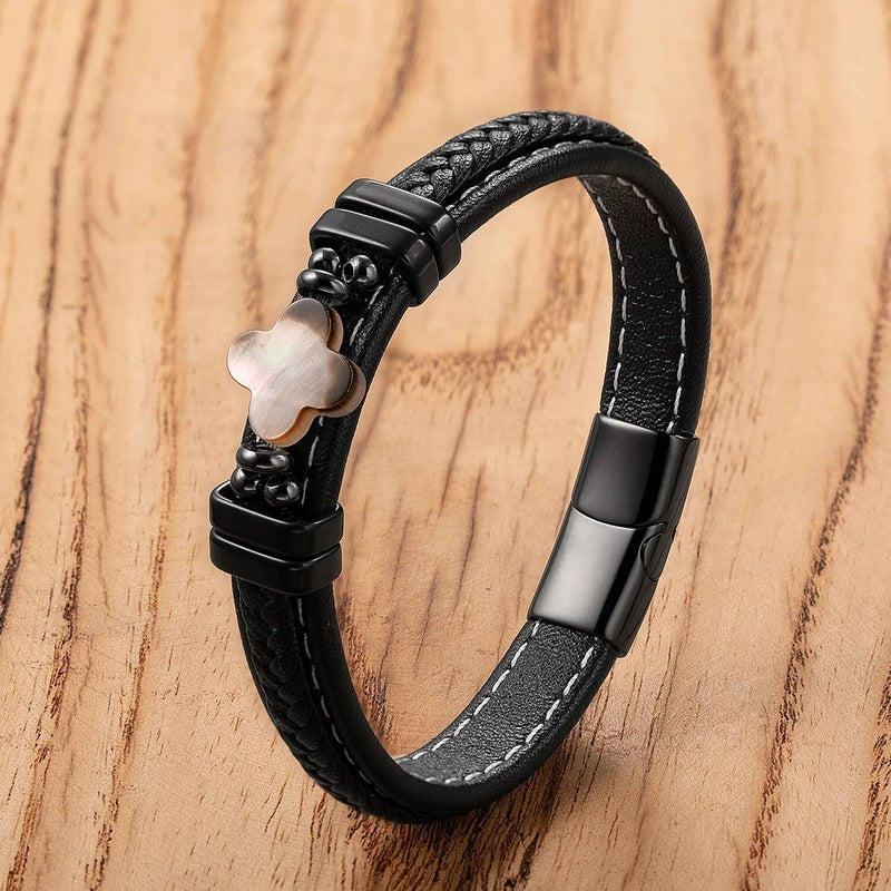 Black Braided Leather Bracelet with Green Jade Beads - Stylish Multi-Layer Magnetic Clasp Jewelry for Casual Wear and Gifts Style-E