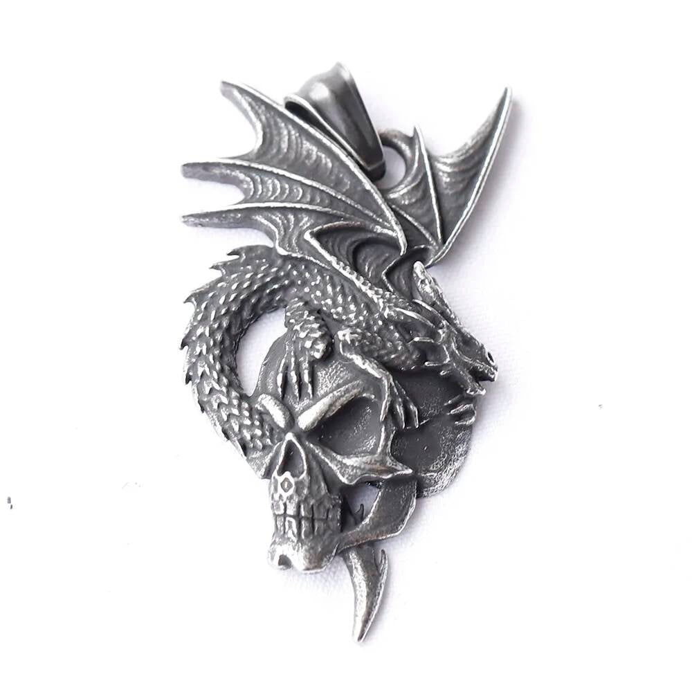 Dragon and Skull Pendant Necklace, Silver Gothic Jewelry with Fierce Mythological Design