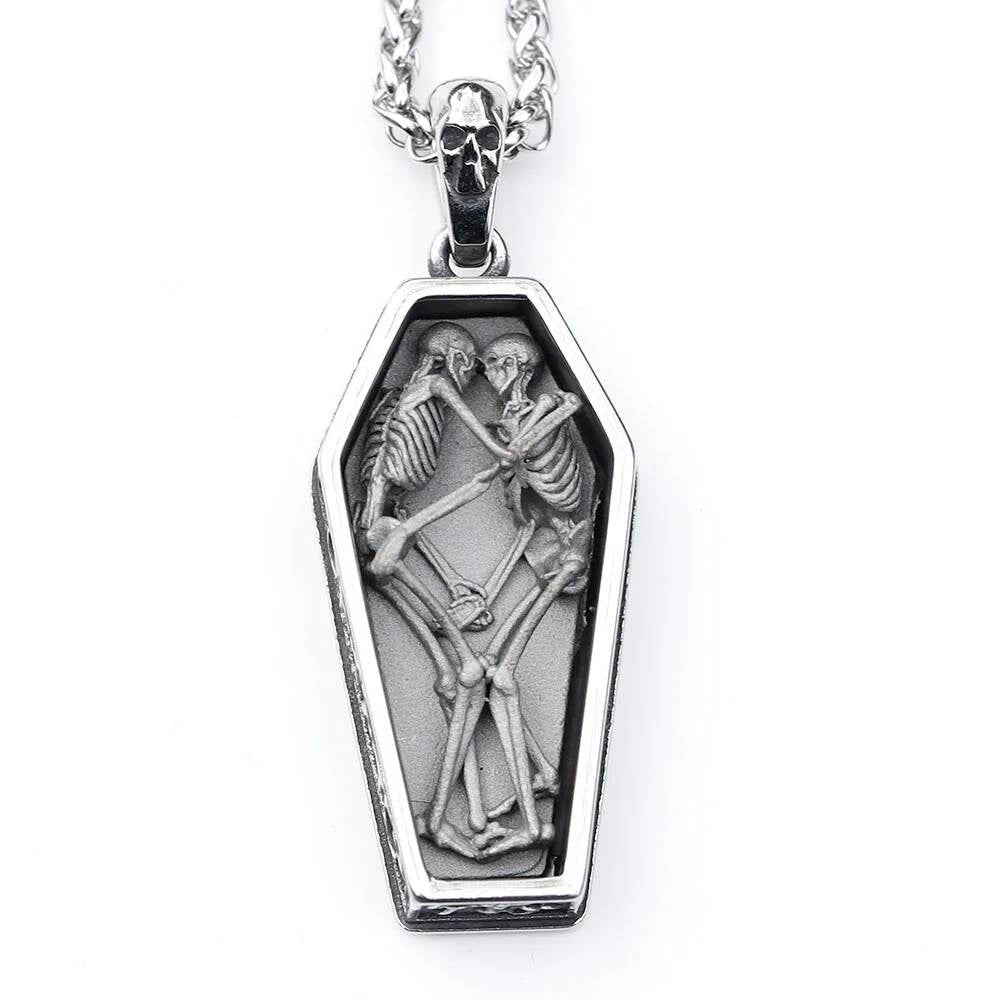 Skeleton Lovers Coffin Pendant Necklace – Eternal Love Symbol in Stainless Steel