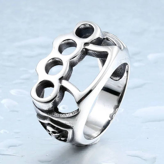 Brass Knuckle Skull Ring – Stainless Steel Biker Punk Streetwear Jewelry