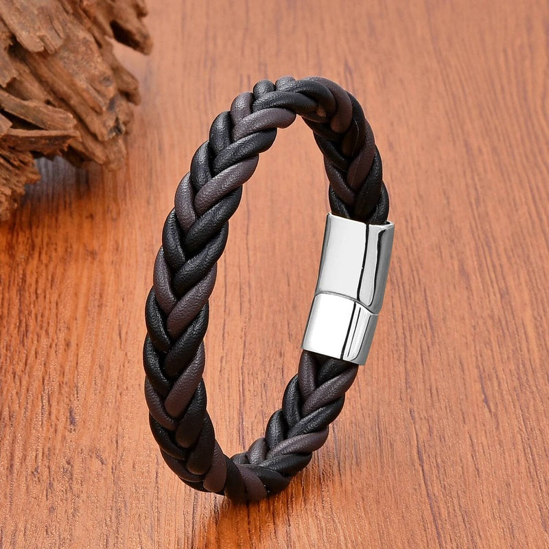 Retro Punk Style Men Gift Jewelry Braided Leather Rope Bracelets Stainless Steel Magnetic Buckle Personalized Bracelet Style C-White