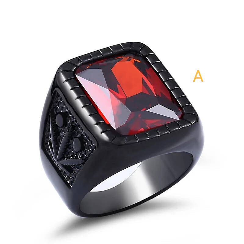 Black & Red Stone Vintage Rock Ring - Stainless Steel Gothic Statement Jewelry