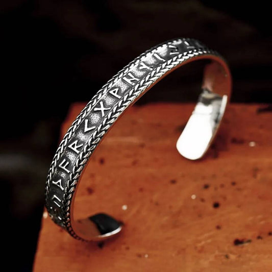 Viking Rune Bracelet with Braided Edge – Nordic Stainless Steel Cuff