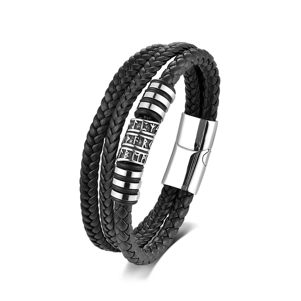 Mens Braided Leather Bracelet – Multi-Layer Stainless Steel Norse Viking Bangle Style A