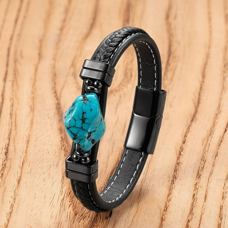Black Braided Leather Bracelet with Green Jade Beads - Stylish Multi-Layer Magnetic Clasp Jewelry for Casual Wear and Gifts Style-C