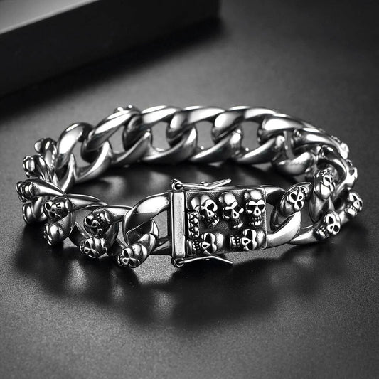Heavy Skull Chain Bracelet for Men Gothic Punk Rock Biker Jewelry 316L Stainless Steel Cuban Link