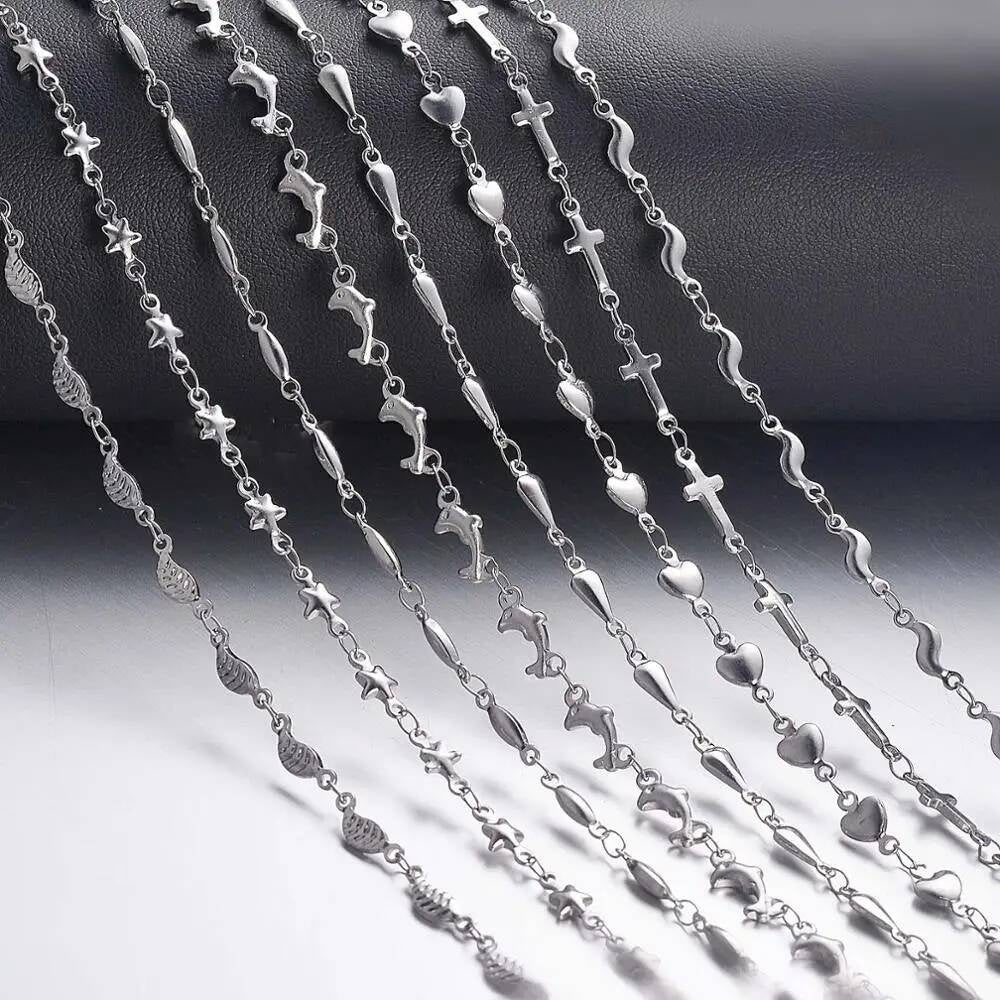 1Pc Length 18cm-100cm Stainless Steel Long Hand-made Chain Necklaces For Women Sier Color Heart Necklace Ladies Jewelry