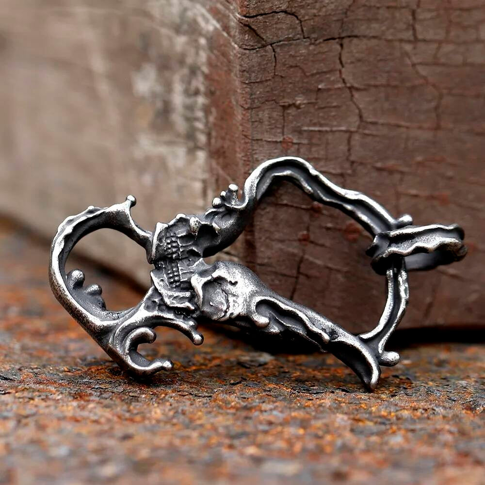 Double Skull Pendant Necklace – Gothic Skeleton Flames Jewelry
