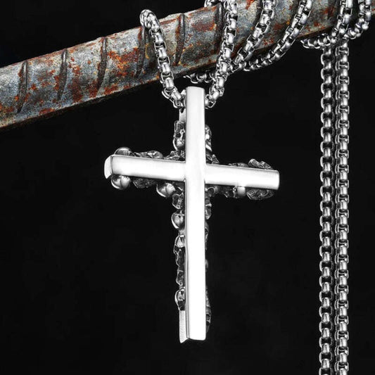 316L Stainless Steel Polished Cross Pendant with Skull Edge Design