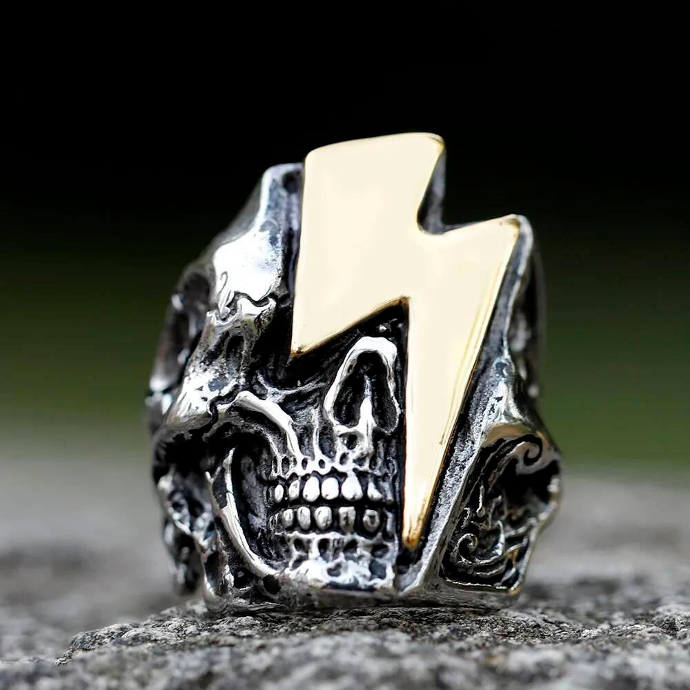 Lightning Skull Ring – 316L Stainless Steel Gothic Punk Statement Band part gold