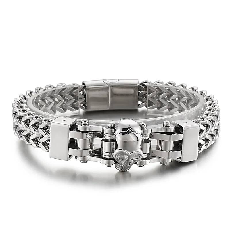 12mm Mens Biker Skull Bracelet With Mesh Chain Stainless Steel Trendy Punk Jewelry Steel Color 22cm