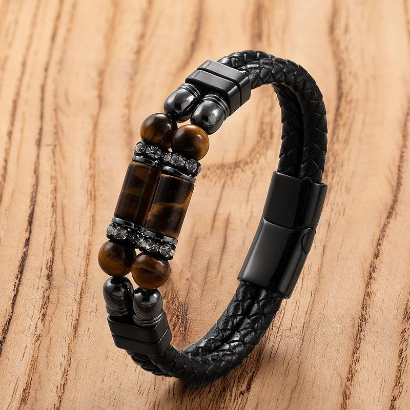 Black Braided Leather Bracelet with Green Jade Beads - Stylish Multi-Layer Magnetic Clasp Jewelry for Casual Wear and Gifts Tiger Eye