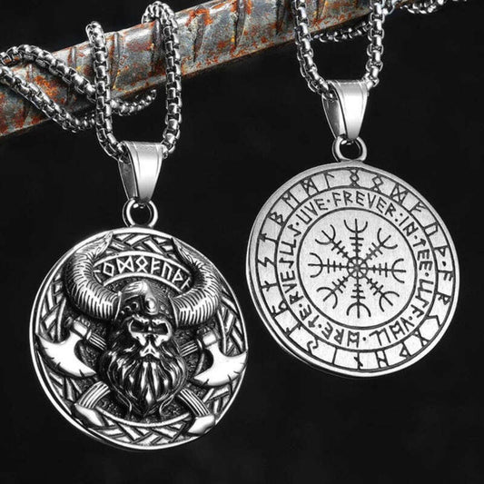Viking Warrior Pendant Necklace – 316L Stainless Steel Double-Sided Norse Amulet with Vegvisir