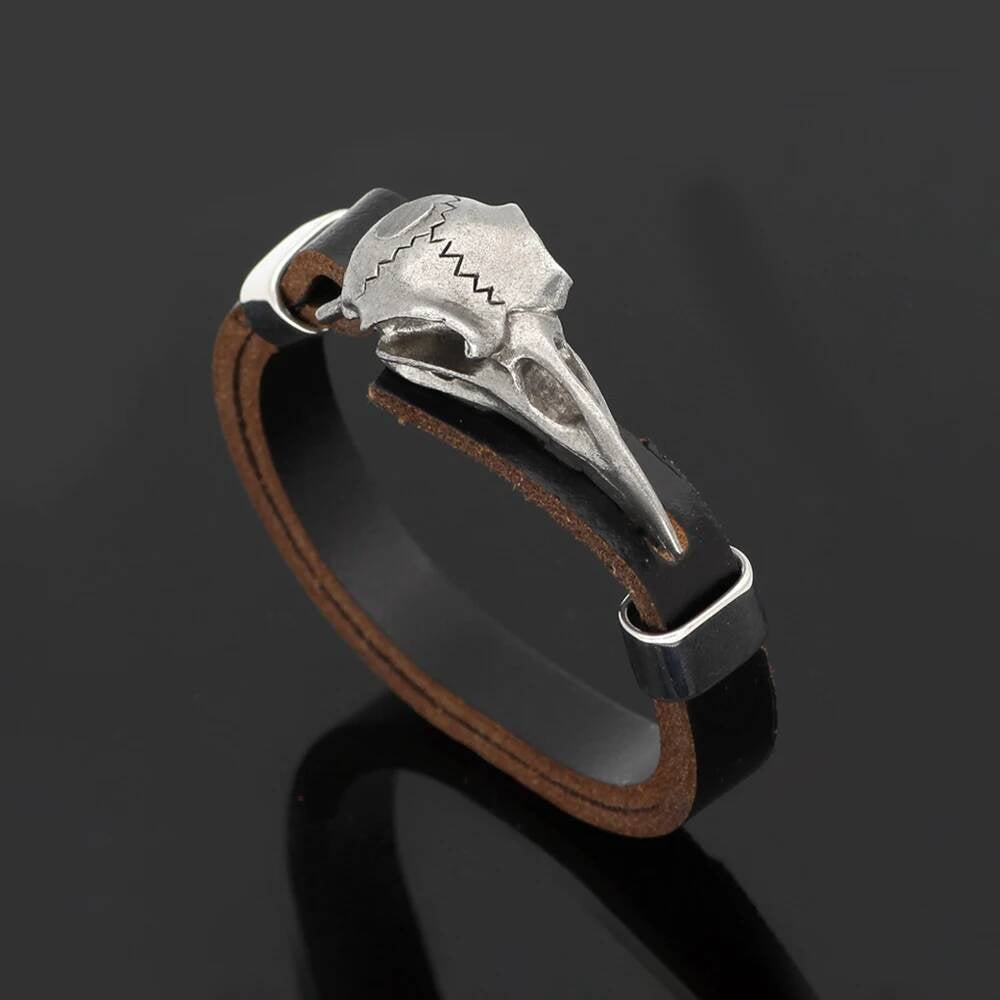 Gothic Raven Skull Bracelet – Leather Strap with Stainless Steel Crow Head