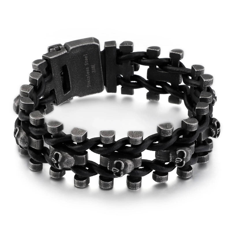Stainless Steel 316L Skull Head Bracelet Men Pirate Viking Biker Jewelry With Black Genuine Leather