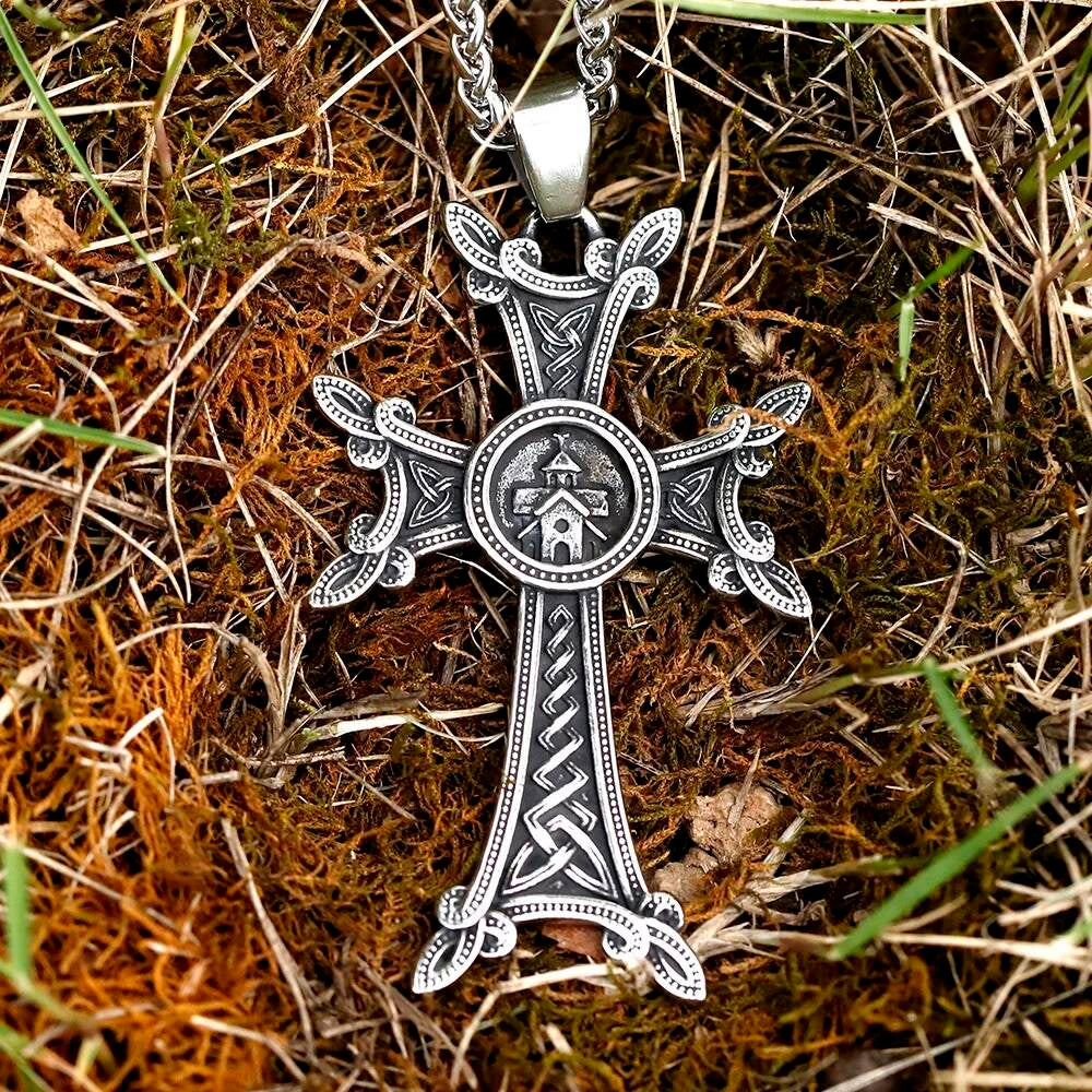 Celtic Cross Pendant Necklace - Stainless Steel Cross with Intricate Celtic Knot and Church Symbol