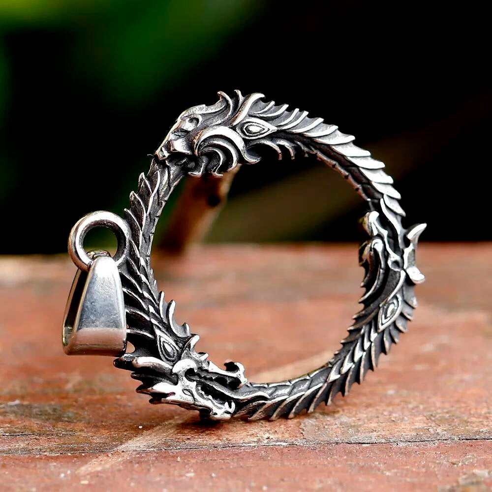 Ouroboros Pendant Necklace, Silver Mythological Jewelry with Dragon Design