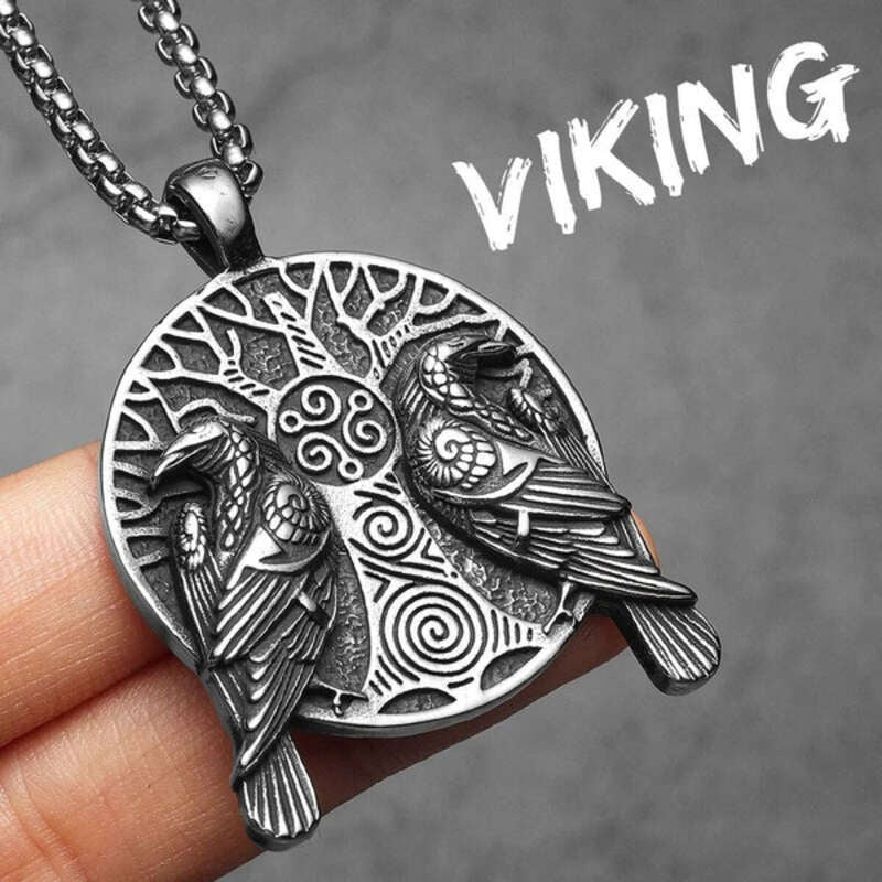 Odin’s Ravens Pendant – Huginn & Muninn Viking Necklace with Yggdrasil & Triskelion N1511-60cm chain