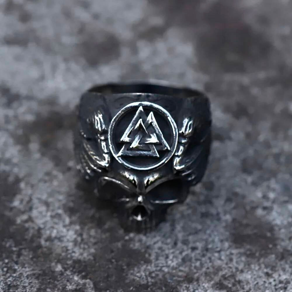 Skull & Valknut Amulet Ring – 316L Stainless Steel Gothic Viking Punk Jewelry