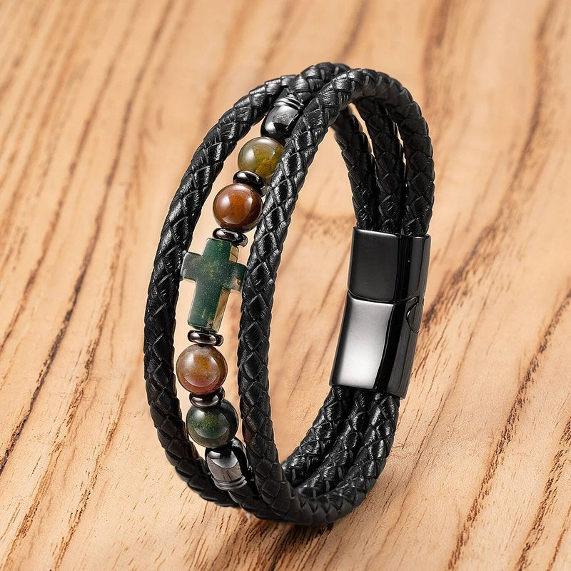 Black Braided Leather Bracelet with Green Jade Beads - Stylish Multi-Layer Magnetic Clasp Jewelry for Casual Wear and Gifts Style-C