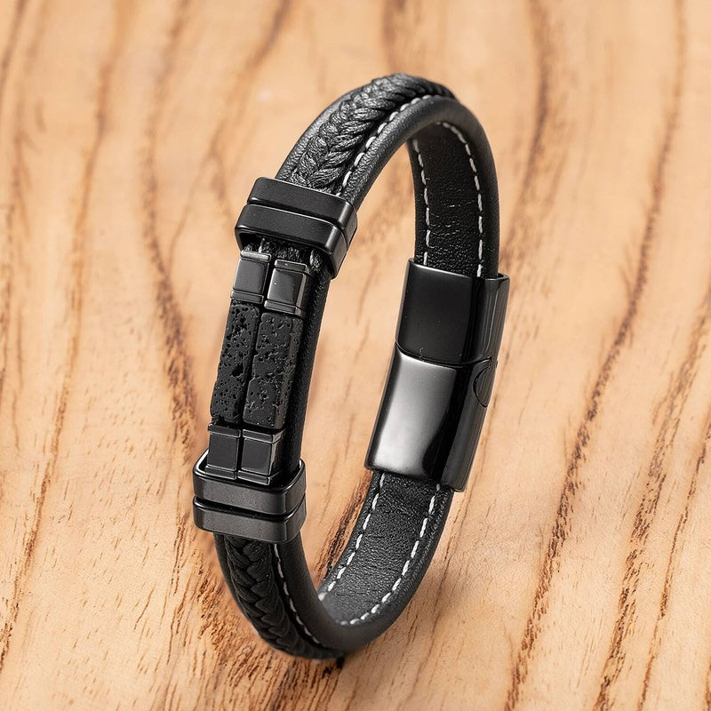 Vintage Woven Leather Rope For Men Personality Stone Bangles Bracelets Punk Stainless Steel Wristband Jewelry Gifts Style-G