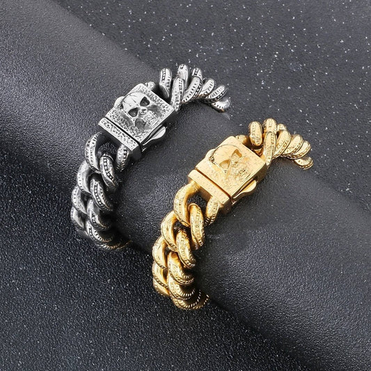 15mm Vintage Cuban Chain Bracelet With Skull Charm Clasp