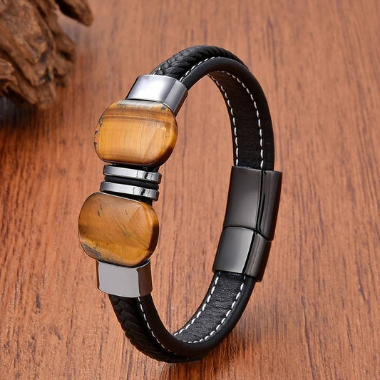 Trendy Leather Men Stainless Steel Bracelet Black Braided Rope Bracelets Punk Style Personality Stoner Jewelry Gifts Tiger Eye