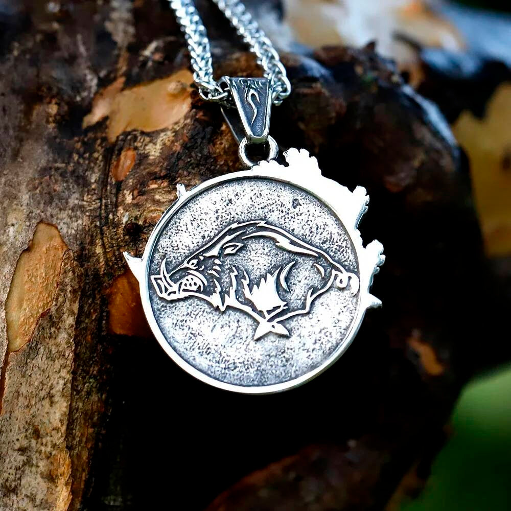 Wild Boar Pendant Necklace, Silver Tribal Jewelry with Detailed Animal Design