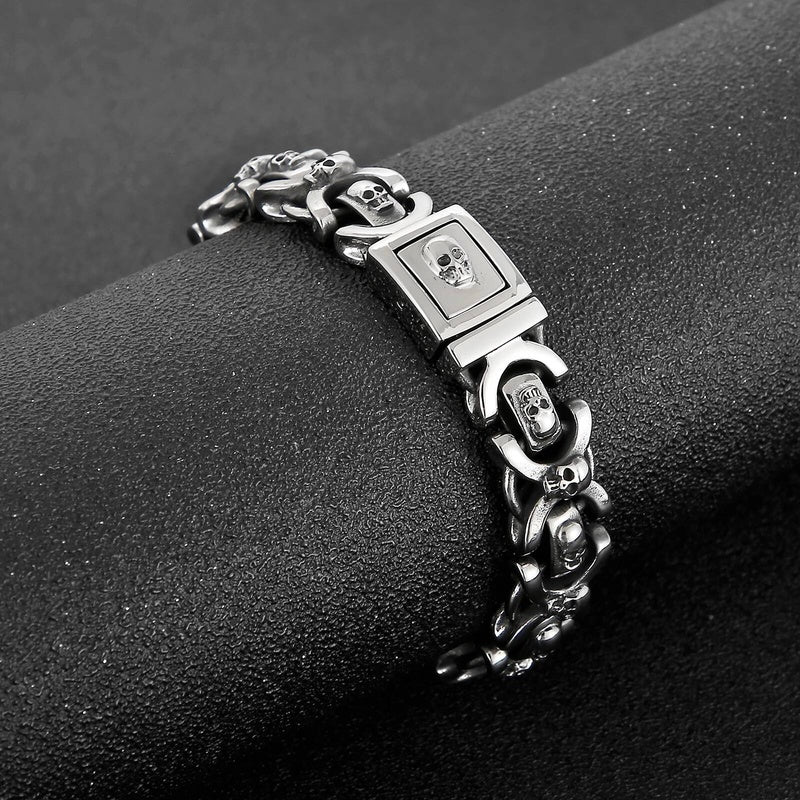 Engraved Name Stainless Steel Men Punk Skull Chain Bracelet Mens Fashion Charm Jewelry