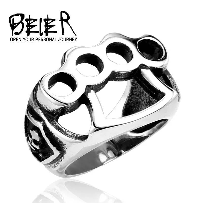 Brass Knuckle Skull Ring – Stainless Steel Biker Punk Streetwear Jewelry